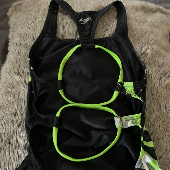 Speedo Black & Green Graffiti Swimsuit Sz 6 - Picture 5 of 8